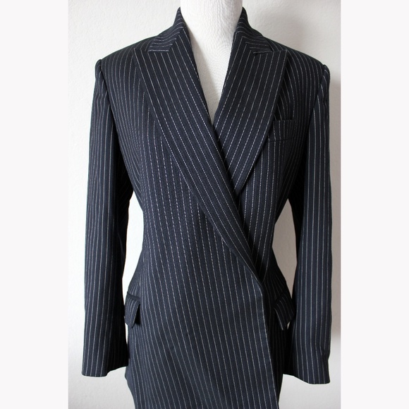 Stella McCartney Classic Pinstripe Asymmetric Wool Blend Jacket Coat Blazer, 38 - Picture 10 of 14